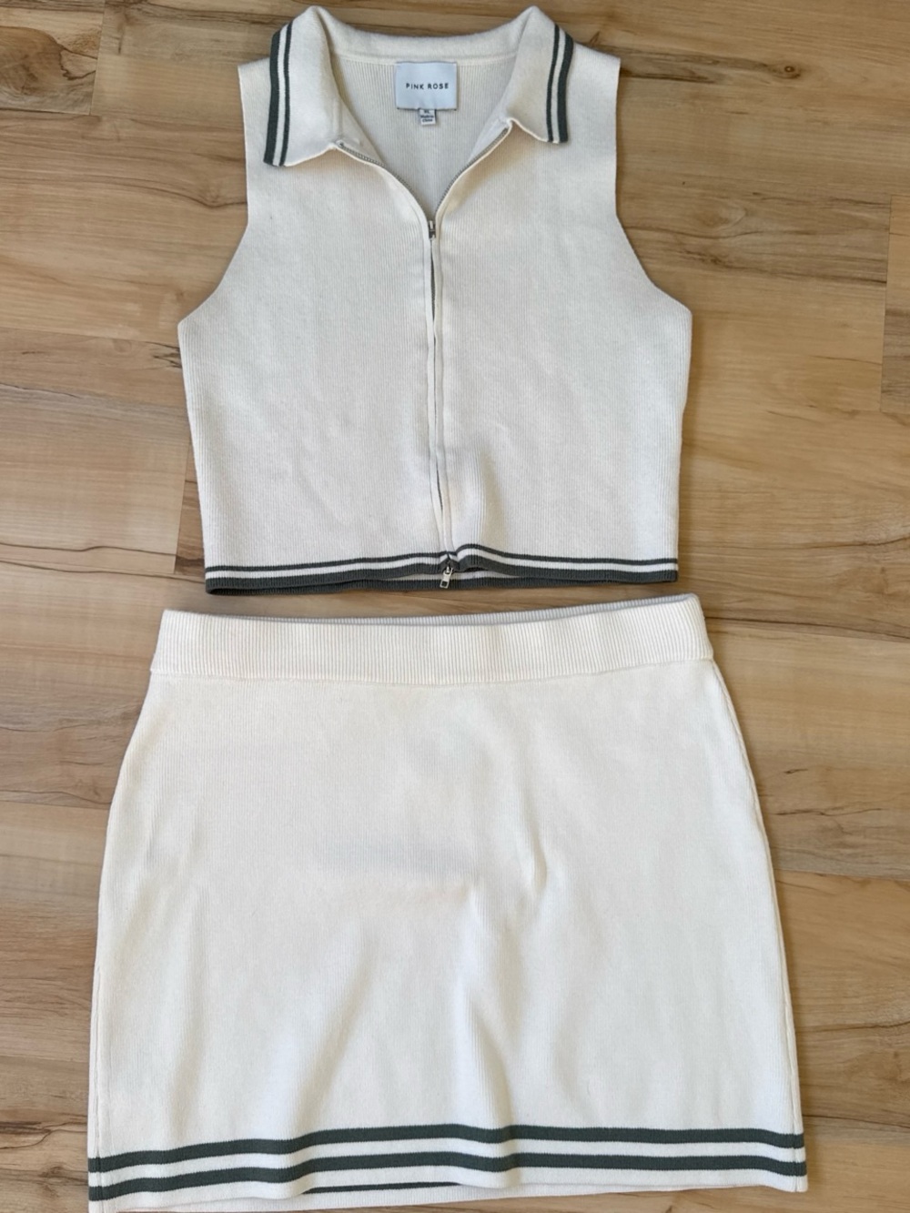 Pink Rose Cream Knit Two-Piece Skirt Set with Green Stripe Trim
